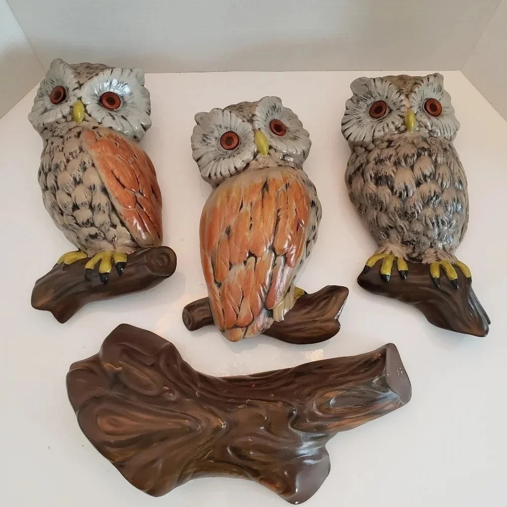 Vintage  Ceramic Handpainted Set of 3 Owls+1 Branch.